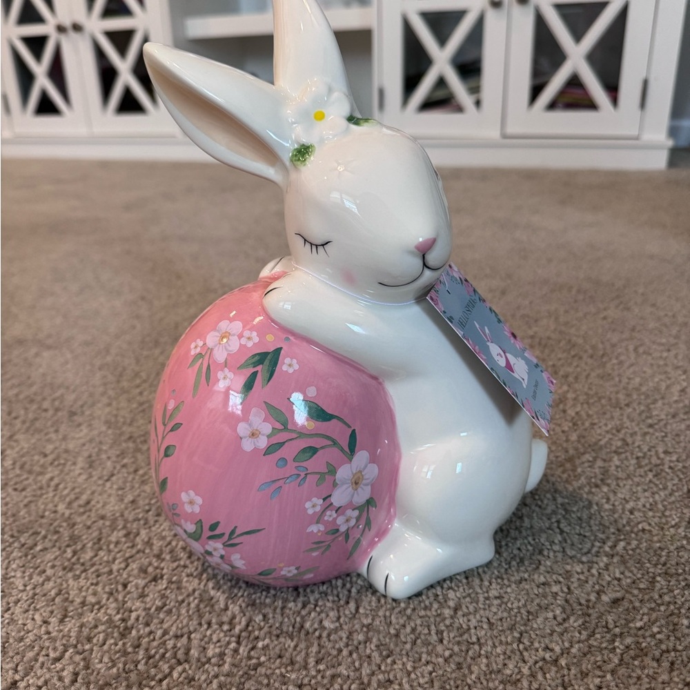 Ceramic White Easter Bunny With Pink Floral Egg 10” NEW